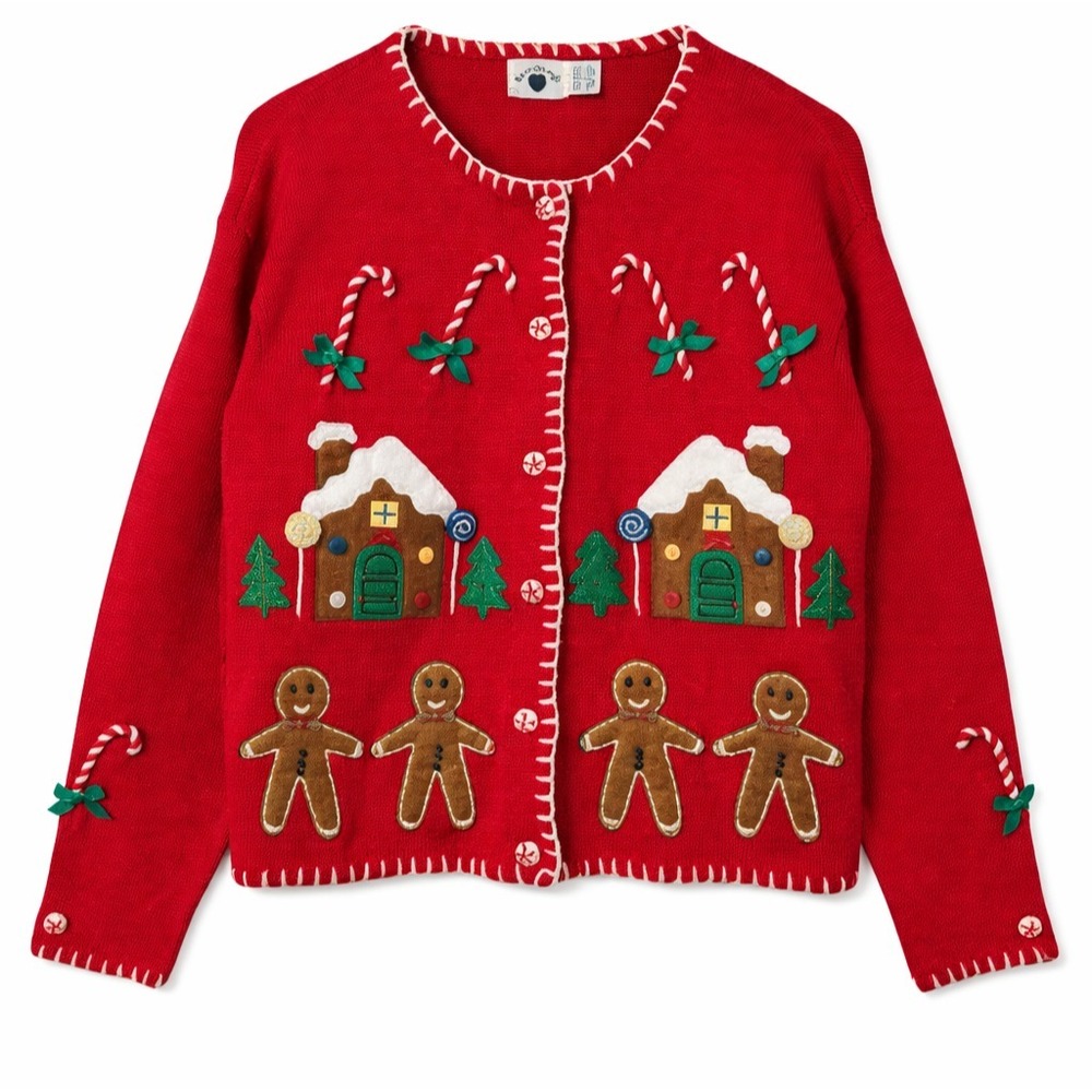 VTG Womens Ugly Christmas Sweater Hartstrings Knit Cardigan L Gingerbread House